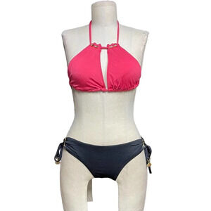 Trina Turk Tokyo Black Loop‎ Side Bikini Bottom w/ Red Top Size 10